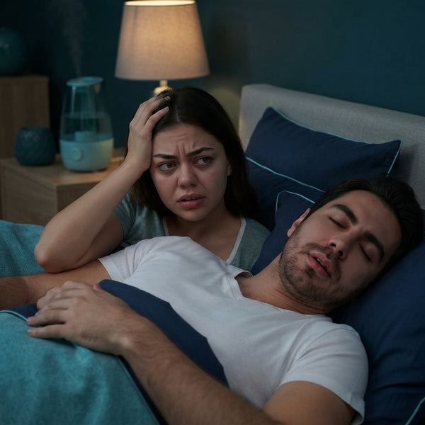 A diverse couple in a dimly lit bedroom showing the frustration of interrupted sleep and relationship strain.