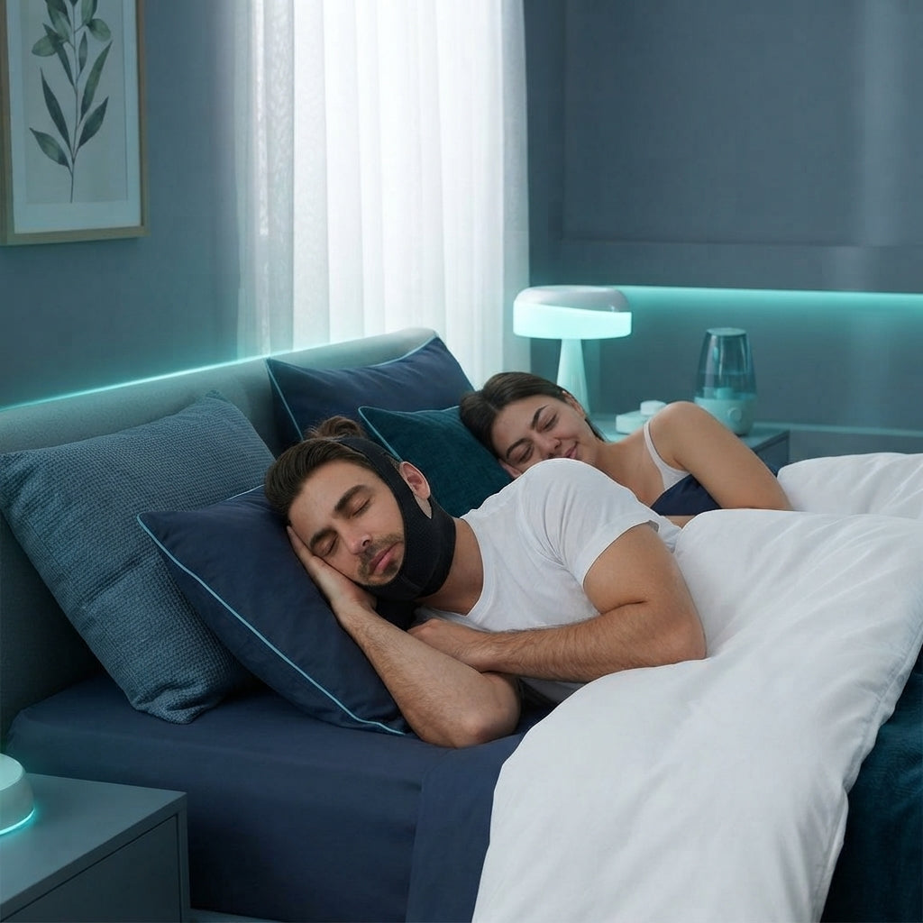 A couple sleeping peacefully in a modern, serene bedroom, with one person wearing an adjustable anti-snoring chin strap.