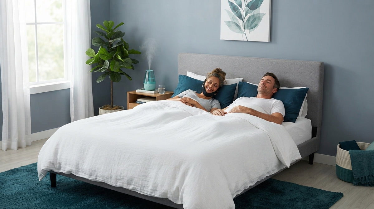 A couple sleeping peacefully in a modern bedroom with the adjustable anti-snoring chin strap worn by the woman.