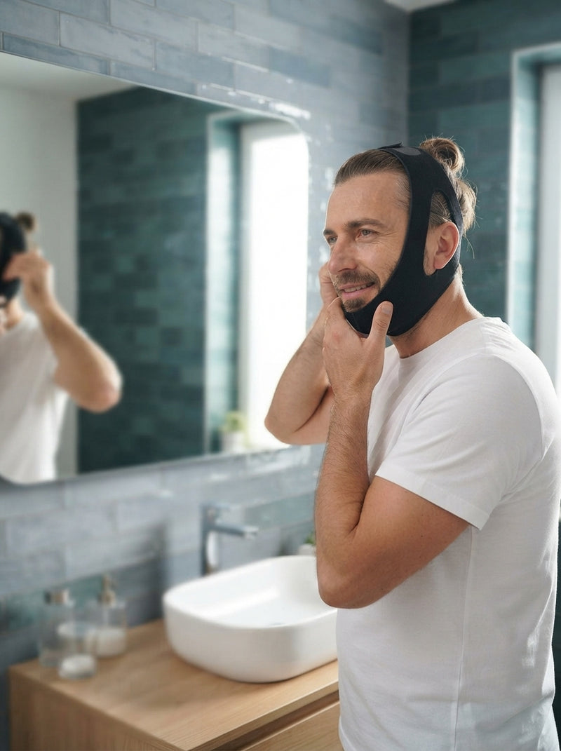 A person adjusting an anti-snoring chin strap while looking in a bathroom mirror during a morning self-care routine.